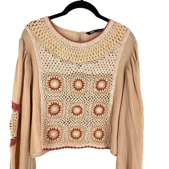 Zara Granny Square Crochet Medallion Front Full Sleeve Cropped Blouse Beige M - Picture 6 of 11